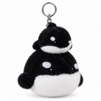 Black and white mom and baby orca plush keychain on a white background