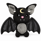 Black bat plush with a gold crescent moon and open wings on a white background