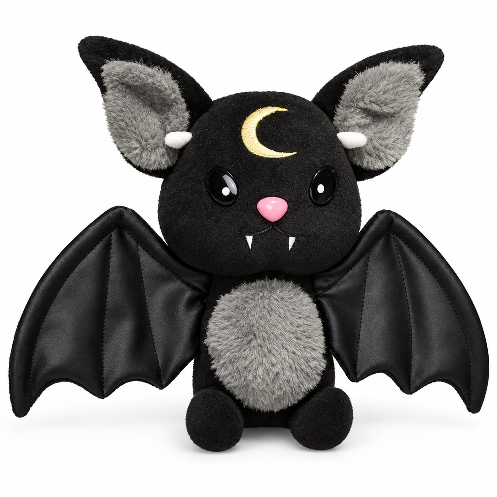 Black bat plush with a gold crescent moon and open wings on a white background