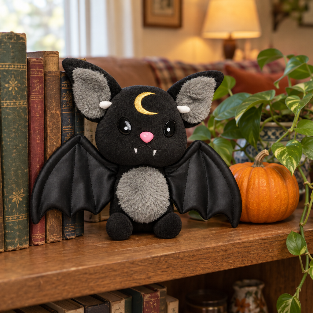 Black moon bat plush with open wings on a bookshelf next to a small pumpkin