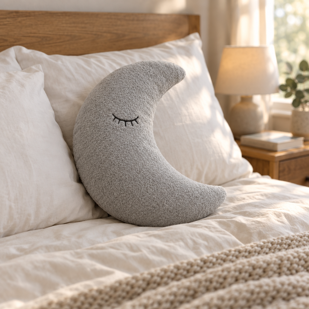 Gray crescent moon pillow with a sleepy face on a made bed