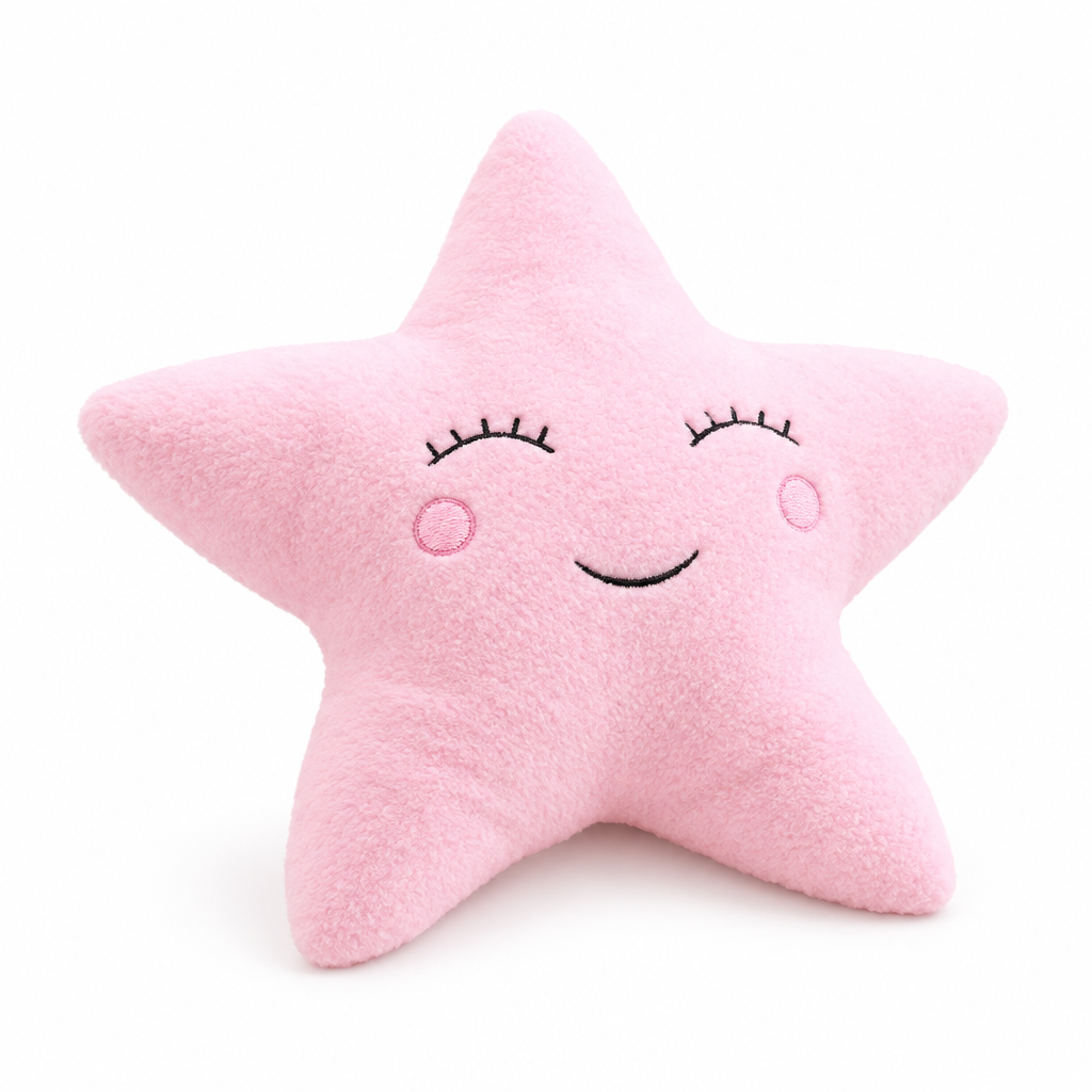 Pink star plush pillow with a sleepy face on a white background