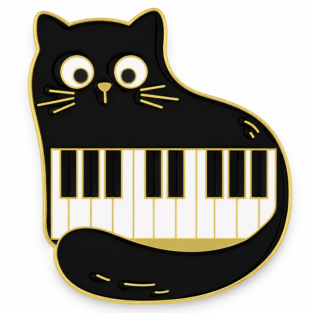 Black cat enamel pin with piano keys on its belly on a white background