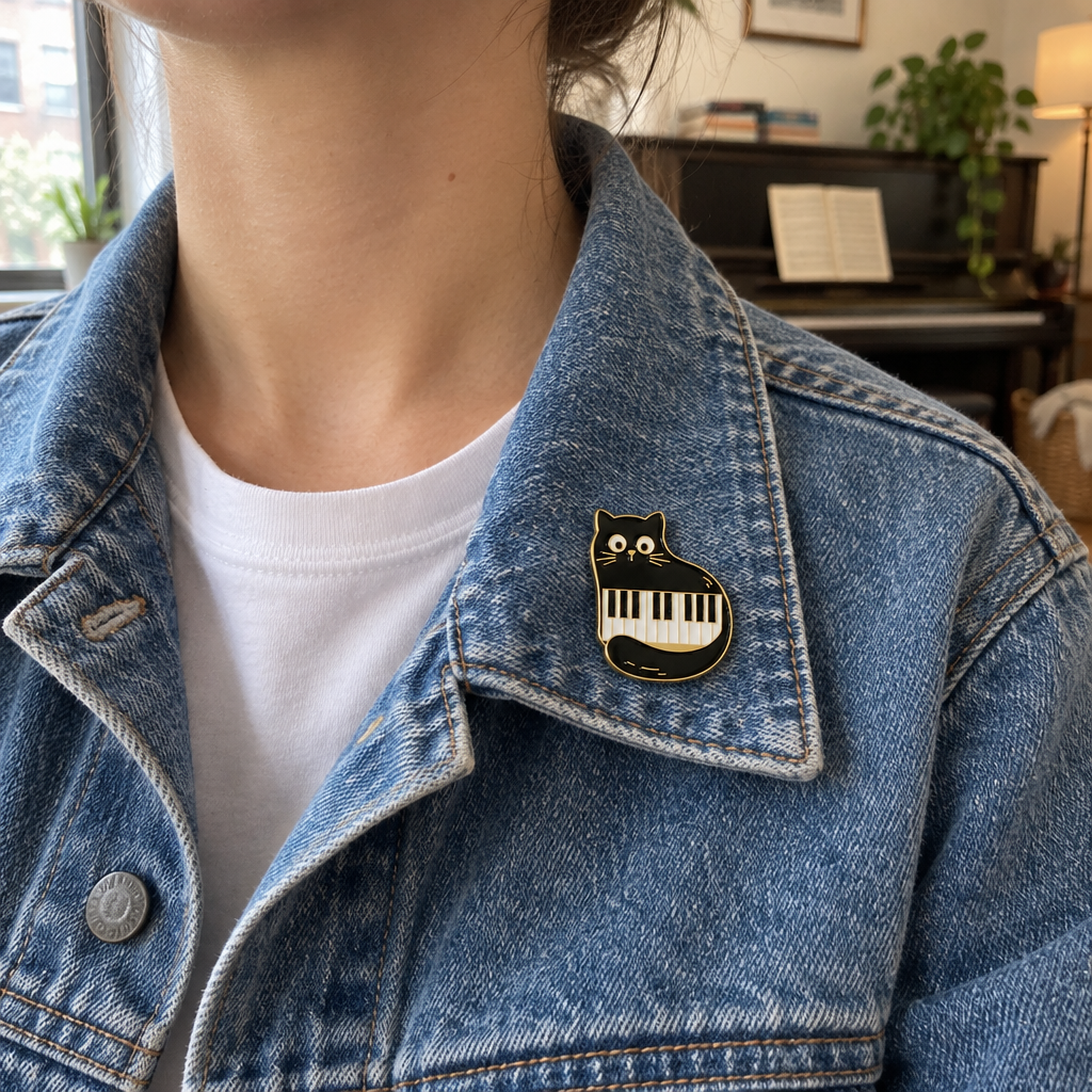 Black cat piano enamel pin on the collar of a denim jacket