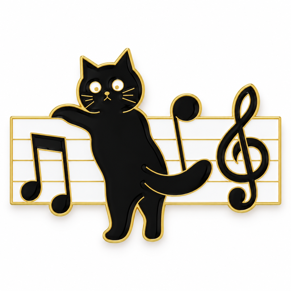 Black cat enamel pin leaning on sheet music with a treble clef on a white background