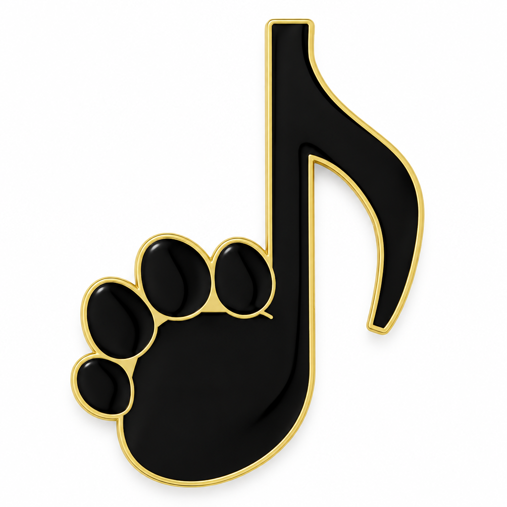 Black music note enamel pin with a paw print head on a white background