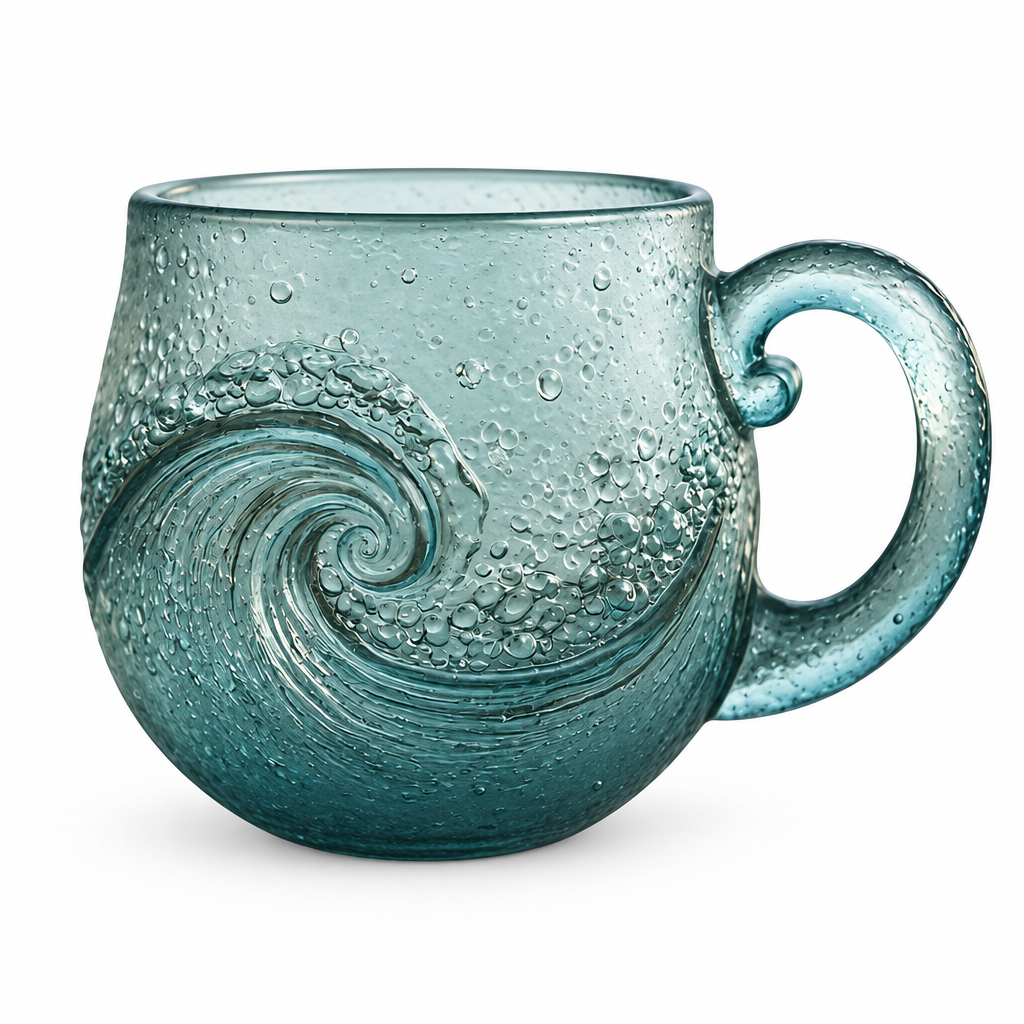 Sea green glass mug with a curling ocean wave in relief on a white background