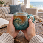 Adult hands holding the sea green wave glass mug of tea by a window