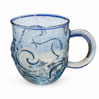 Clear blue glass mug with swirling waves and a blue rim on a white background