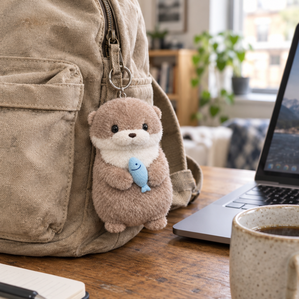 Taupe otter keychain hanging from a canvas backpack zipper on a desk