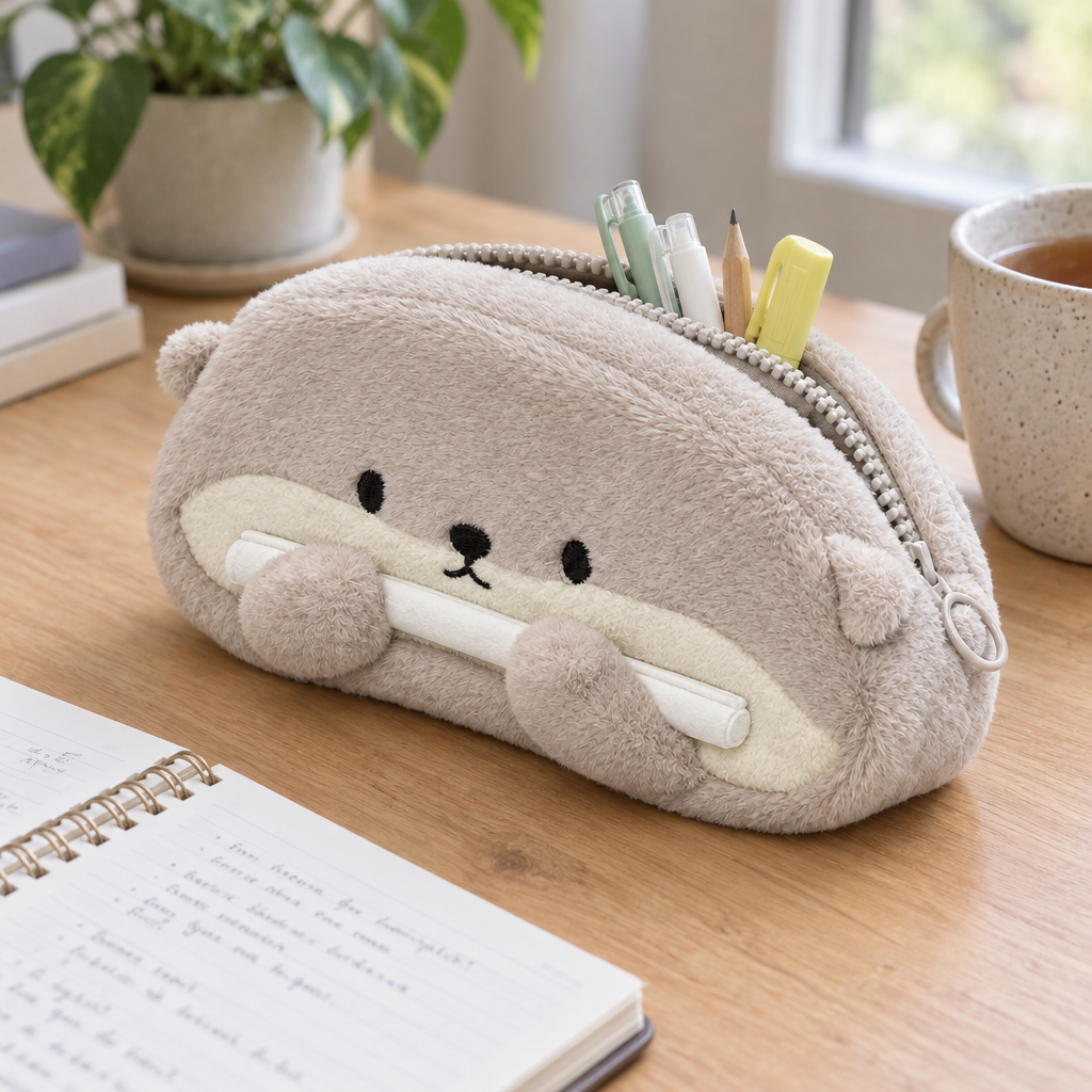 Otter plush pencil case with pens peeking out on a wooden desk