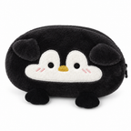 Black penguin plush pencil case with pink cheeks on a white background