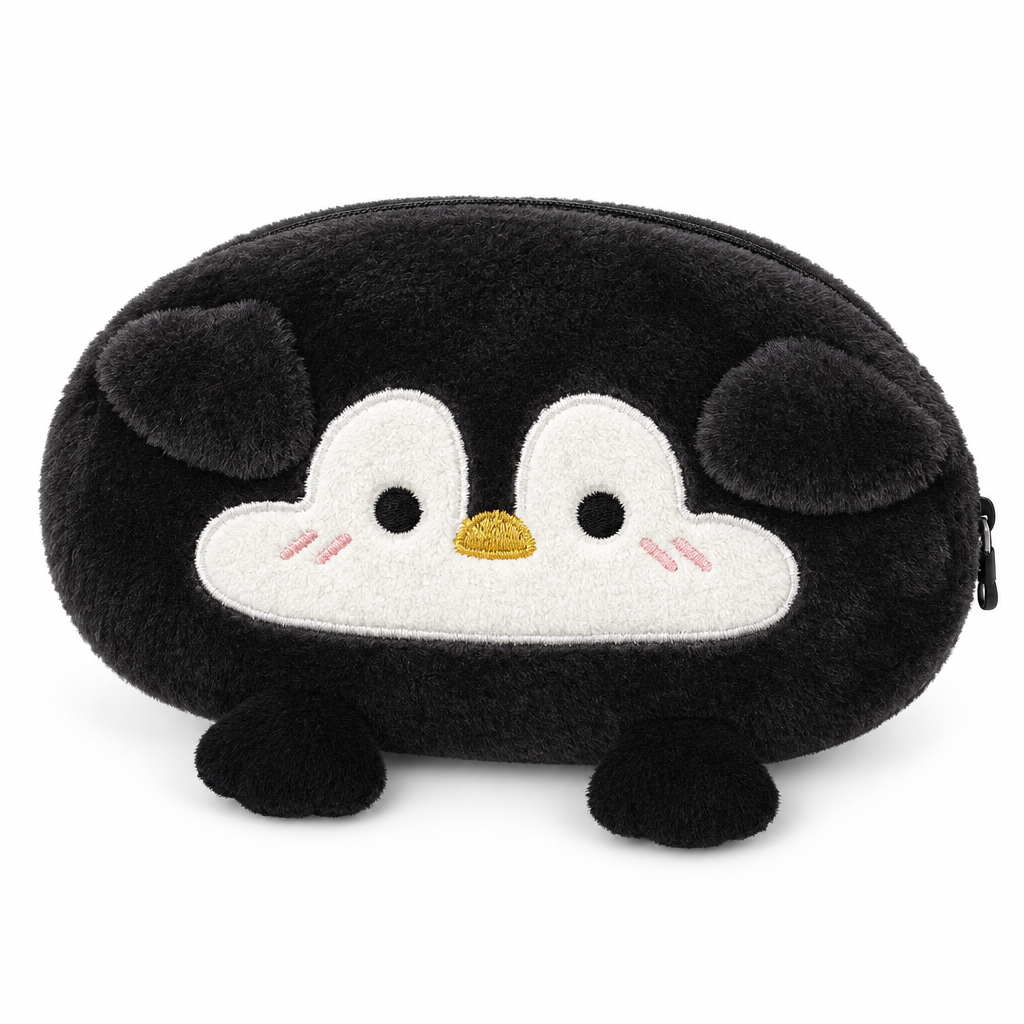 Black penguin plush pencil case with pink cheeks on a white background