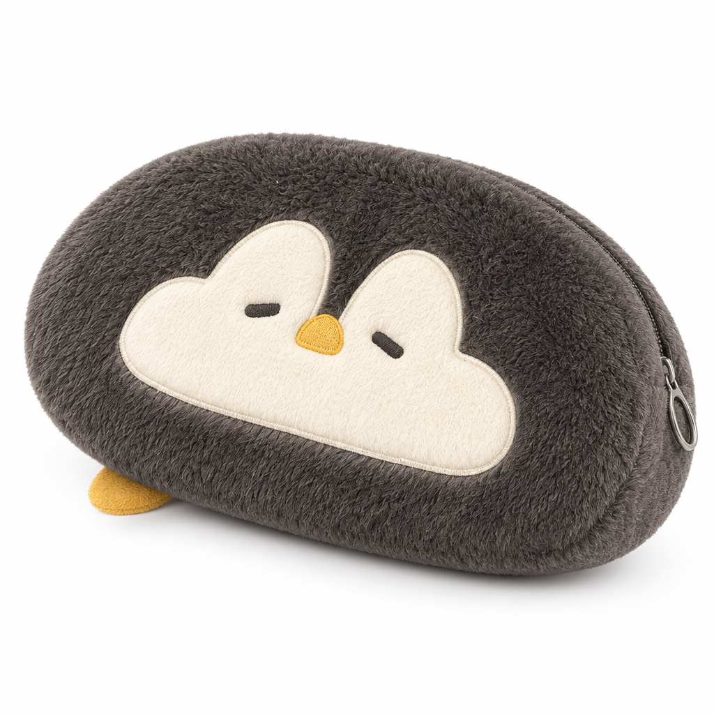 Gray sleepy penguin plush pencil case on a white background
