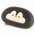 Gray sleepy penguin plush pencil case on a white background