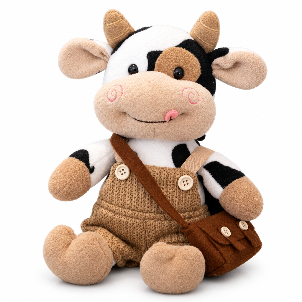 Spotted cow plush in knitted brown overalls with a little satchel on a white background