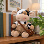 Cow plush in knitted overalls sitting on a wooden bookshelf next to books and a plant