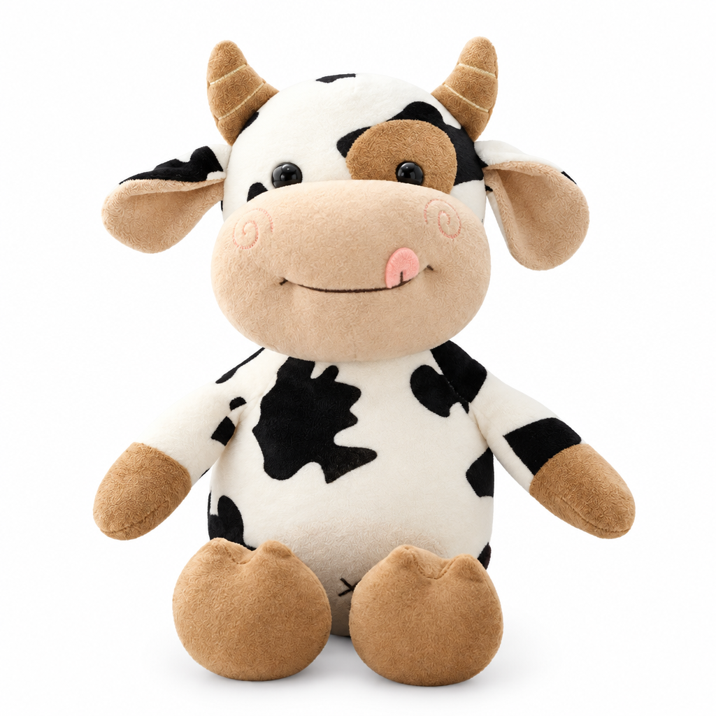Black-and-white spotted cow plush without clothes on a white background