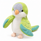 Green parakeet hand puppet with a gray cap on a white background