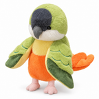 Green parrot hand puppet with a dark cap and orange belly on a white background