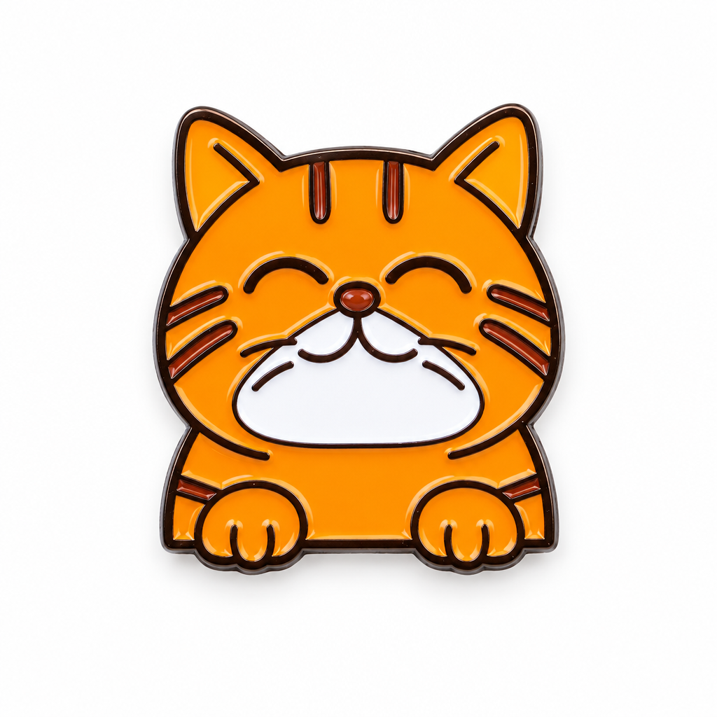 Smiling orange tabby cat enamel pin peeking over an edge, on a white background