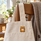 Orange tabby enamel pin peeking over the pocket of a canvas tote bag