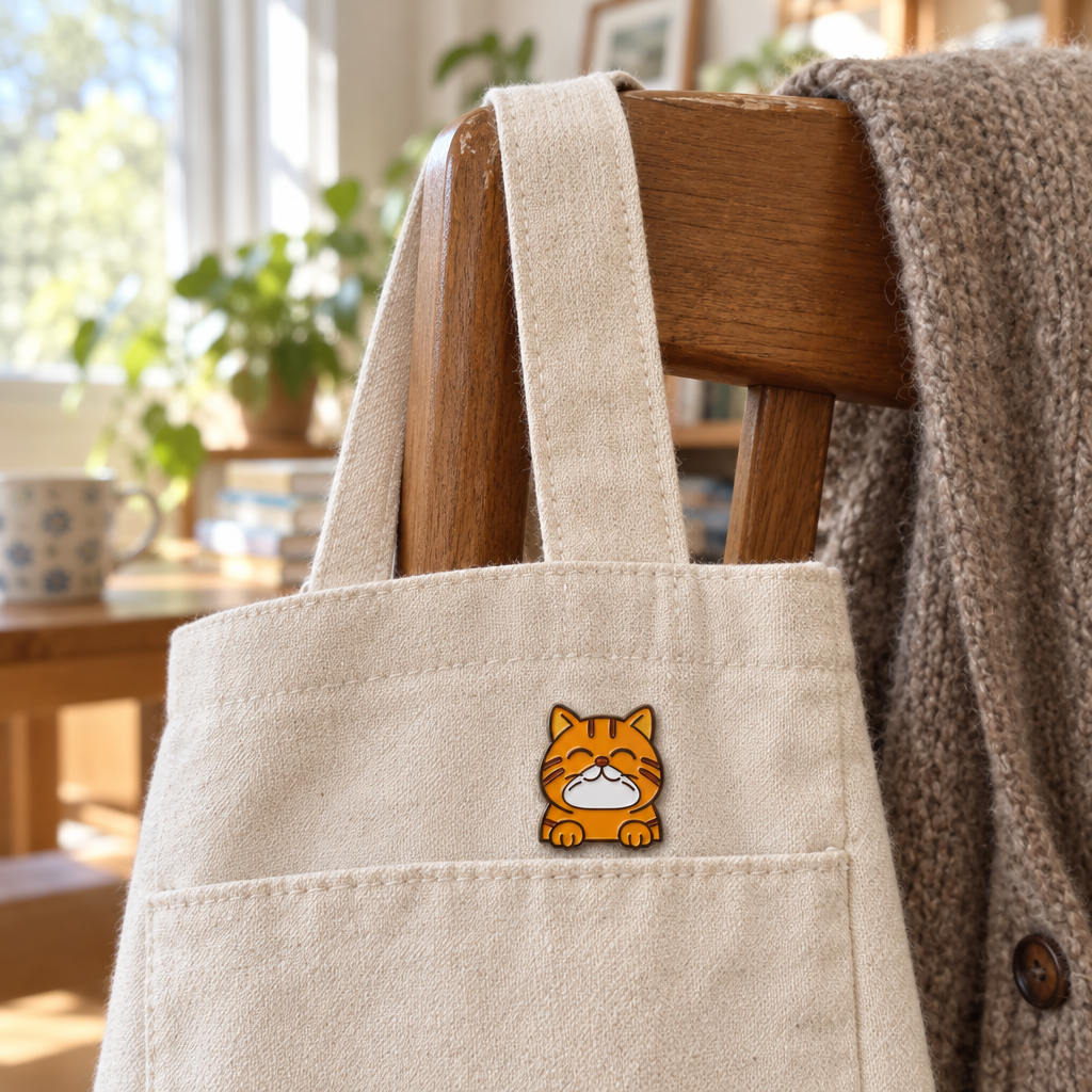 Orange tabby enamel pin peeking over the pocket of a canvas tote bag