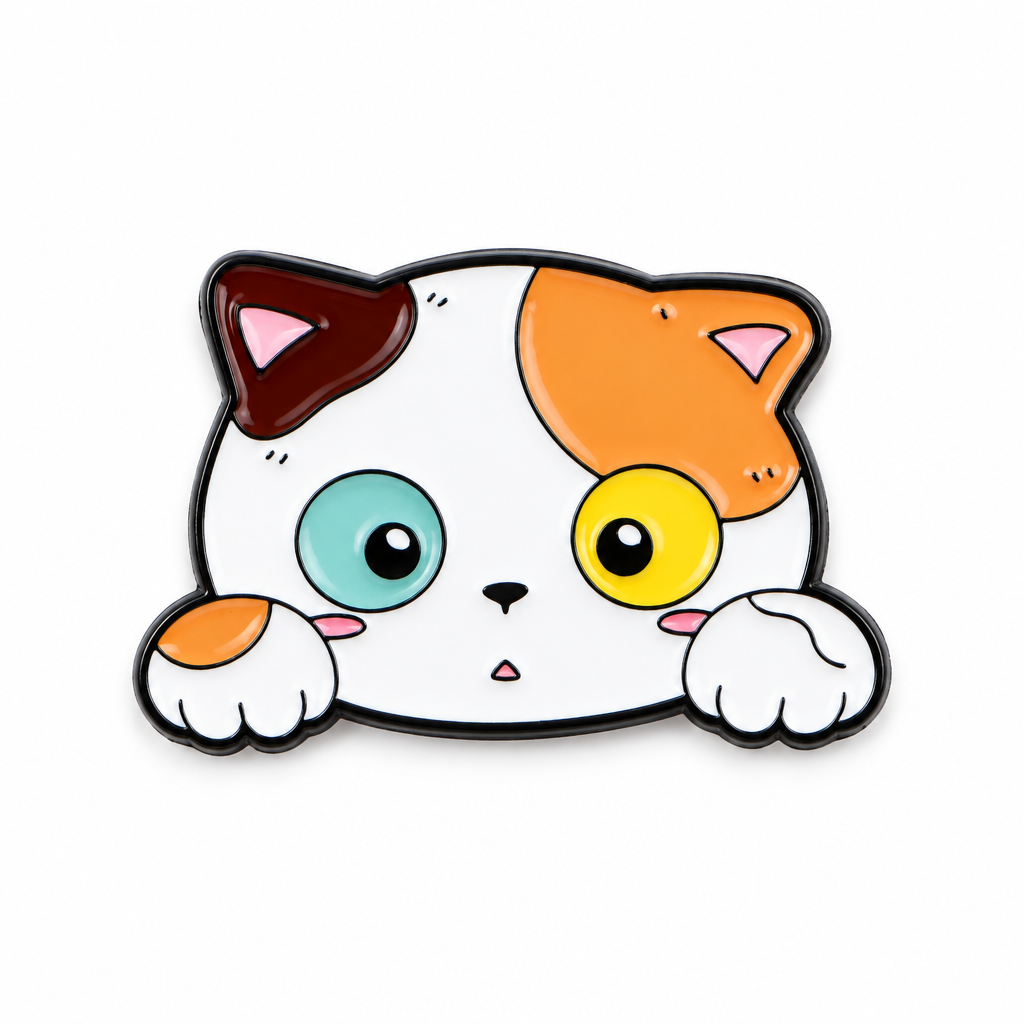 Calico cat enamel pin with one blue and one yellow eye, on a white background