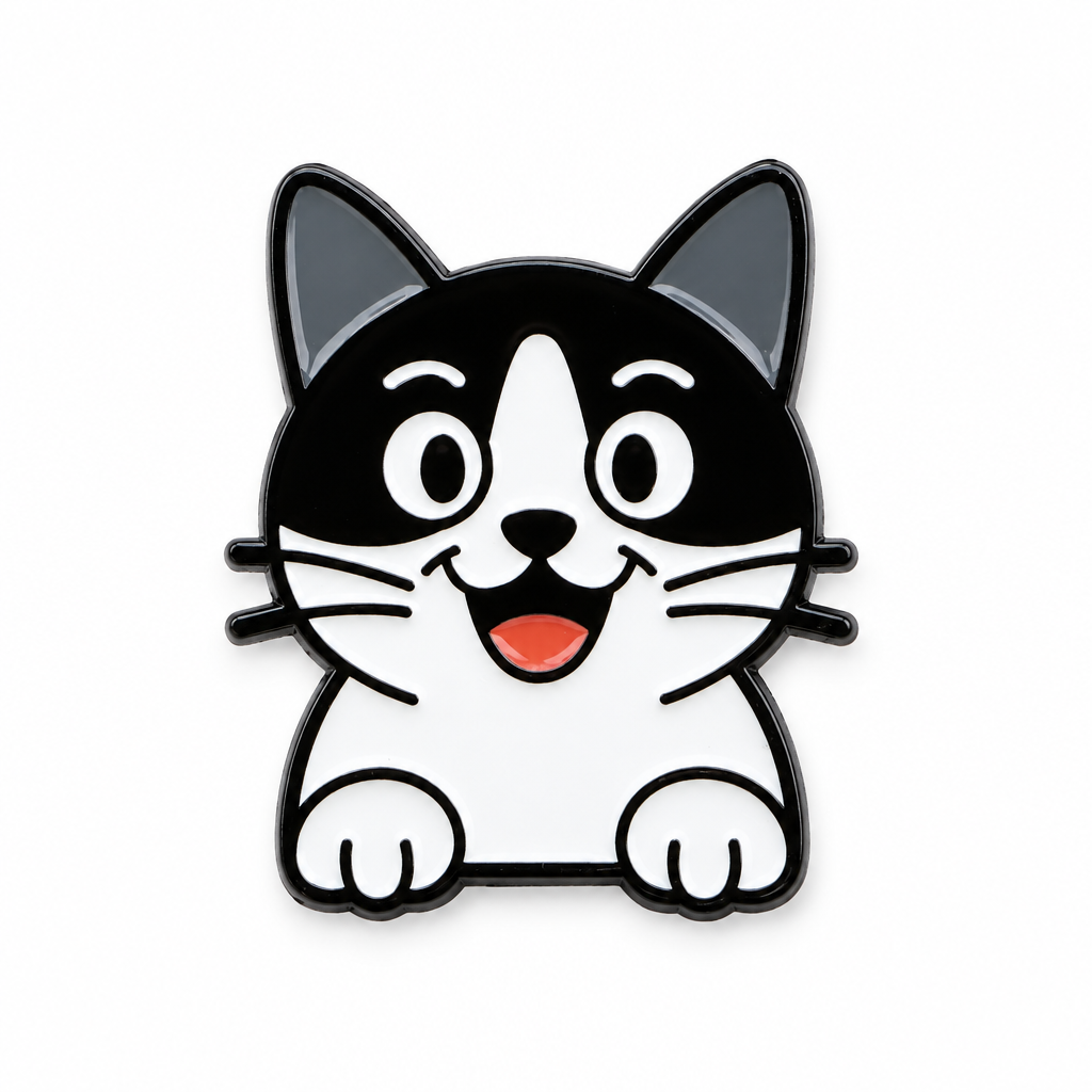 Black and white tuxedo cat enamel pin peeking over an edge, on a white background