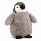 Fluffy gray penguin chick plush on a white background