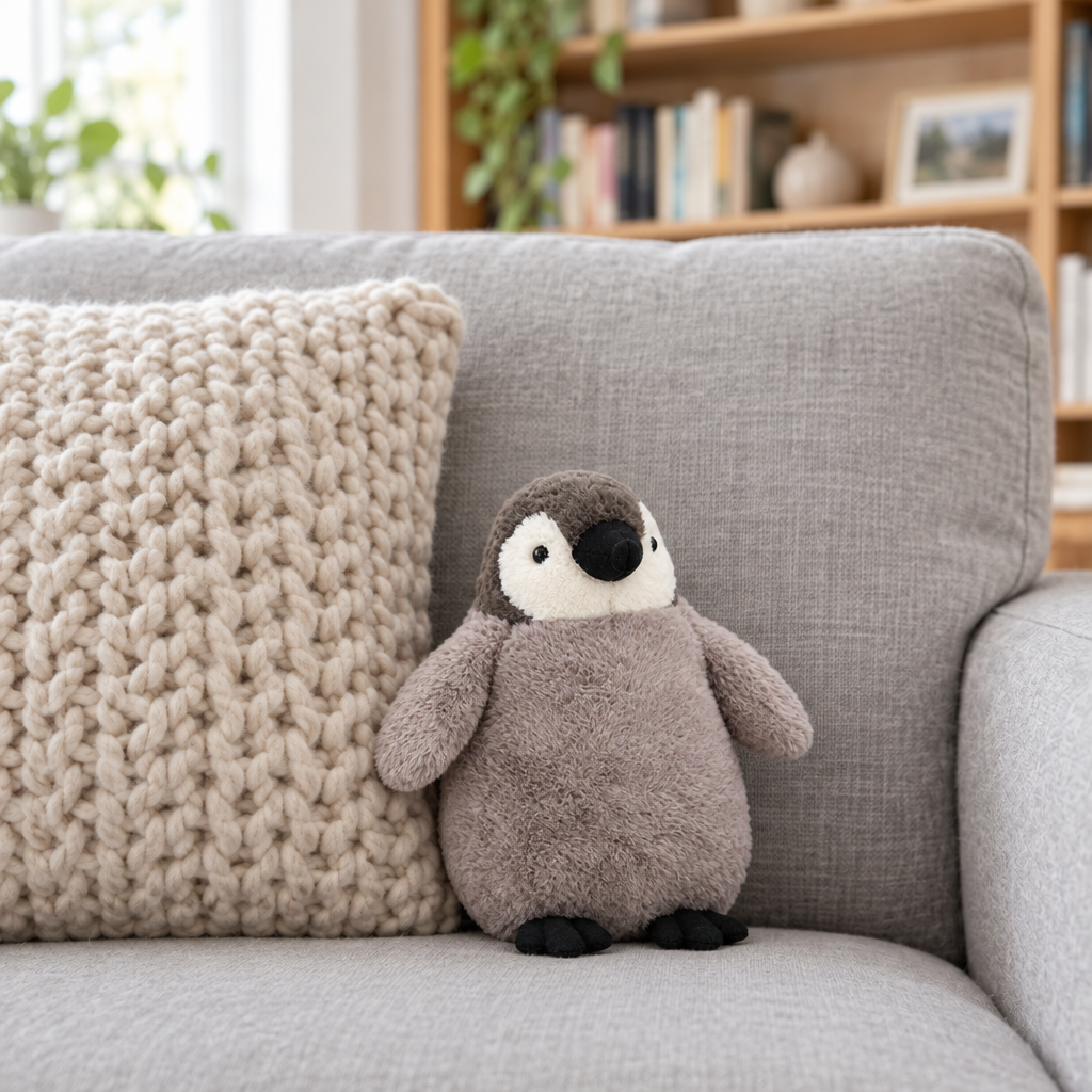 Gray penguin chick plush standing on a sofa beside a knit pillow