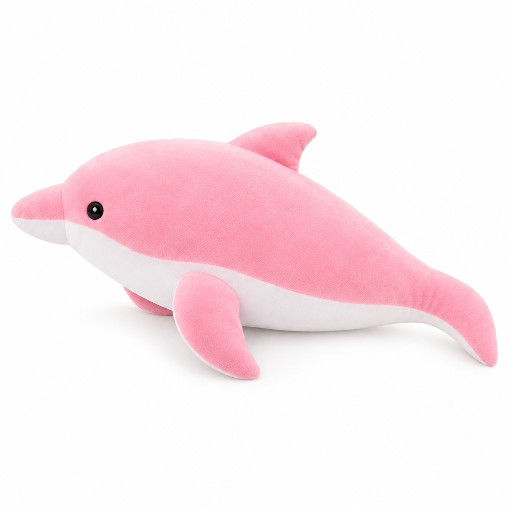 Pink dolphin plush with a white belly on a white background
