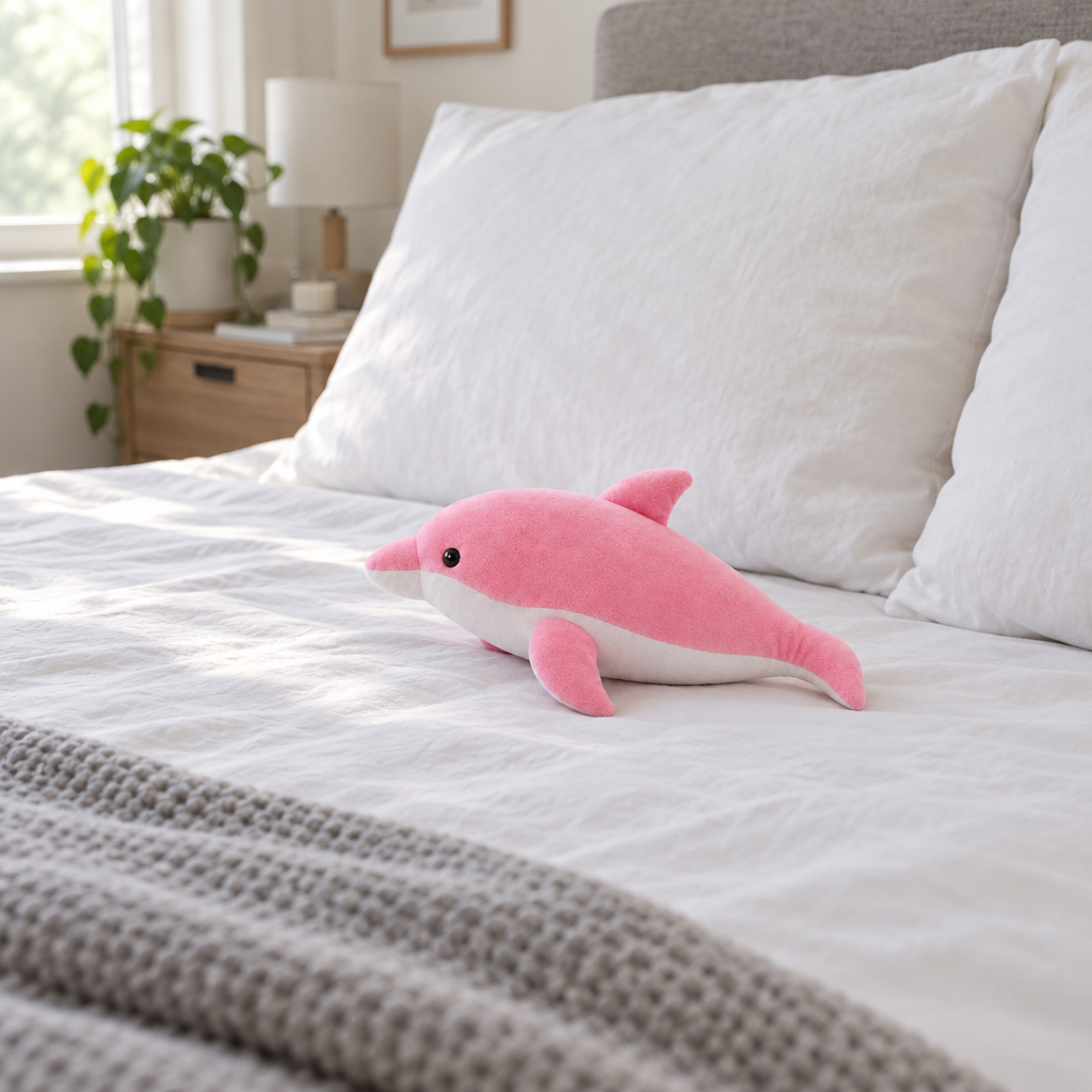 Pink dolphin plush lying on a made bed against white pillows