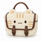 Cream plush cat face handbag with tabby stripes and brown buckles on a white background