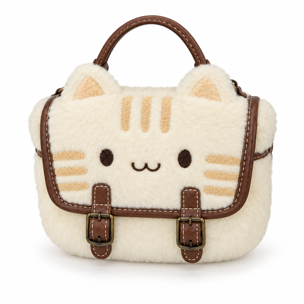 Cream plush cat face handbag with tabby stripes and brown buckles on a white background