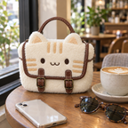 Cream cat face plush handbag on a café table next to a latte