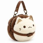Round plush cat handbag with a brown belt on a white background