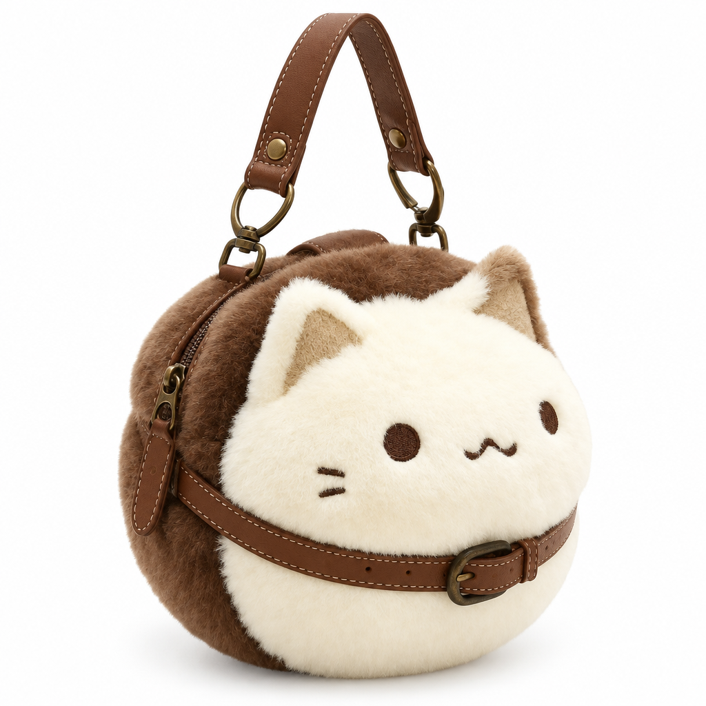 Round plush cat handbag with a brown belt on a white background