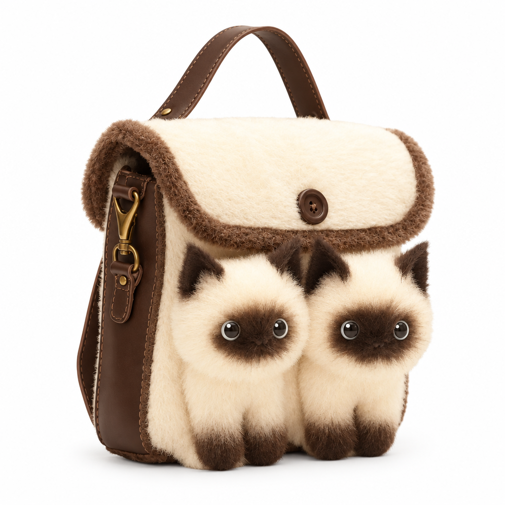 Cream plush satchel with two Siamese cats on the front on a white background