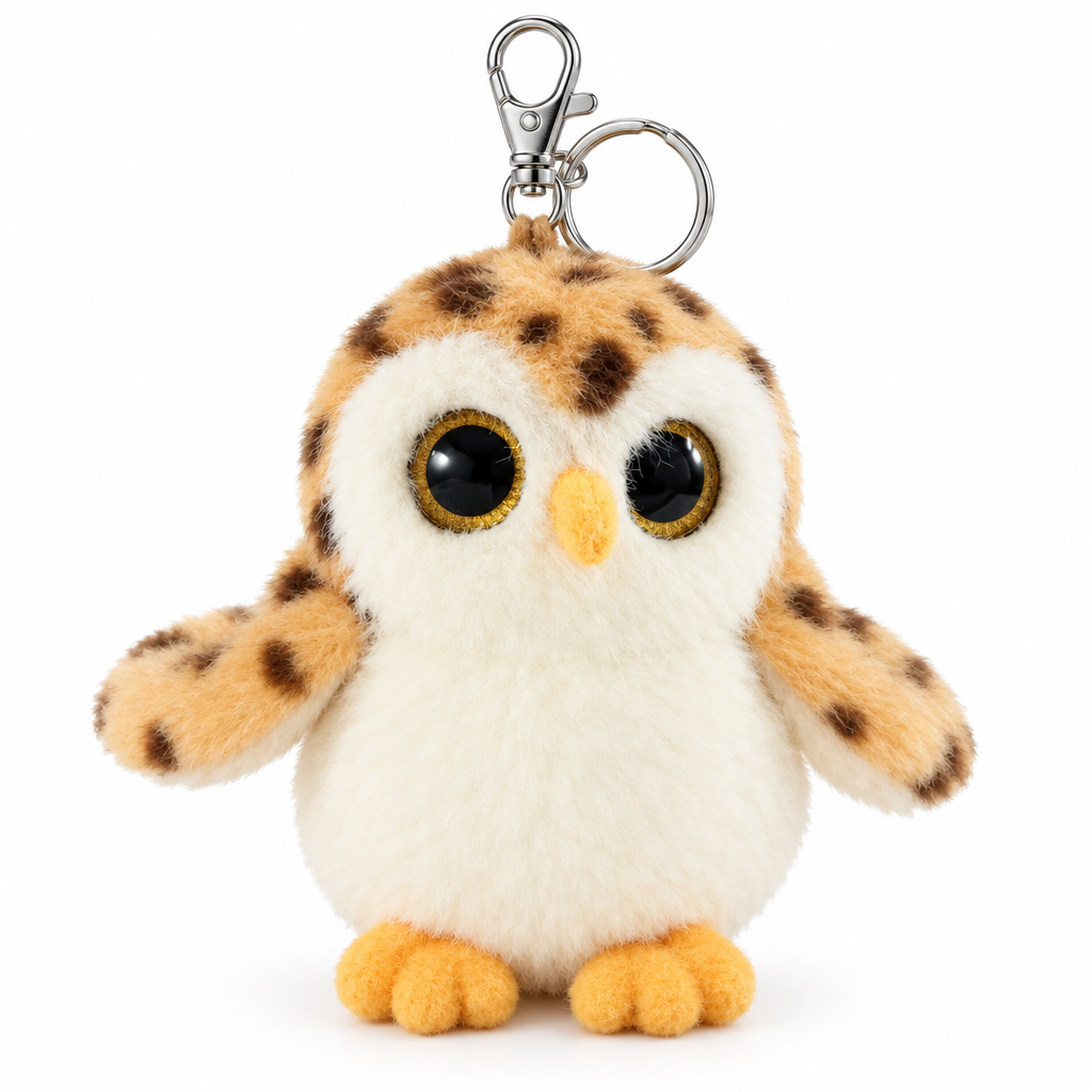 Cream and caramel plush owl keychain on a white background