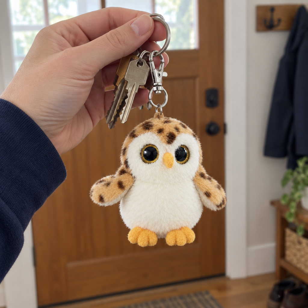 Cream plush owl keychain hanging from house keys held in an adult’s hand