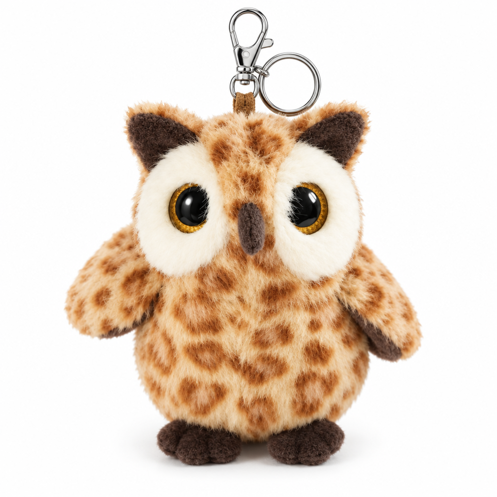 Speckled caramel horned owl plush keychain with ear tufts on a white background