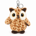 Speckled caramel horned owl plush keychain with ear tufts on a white background