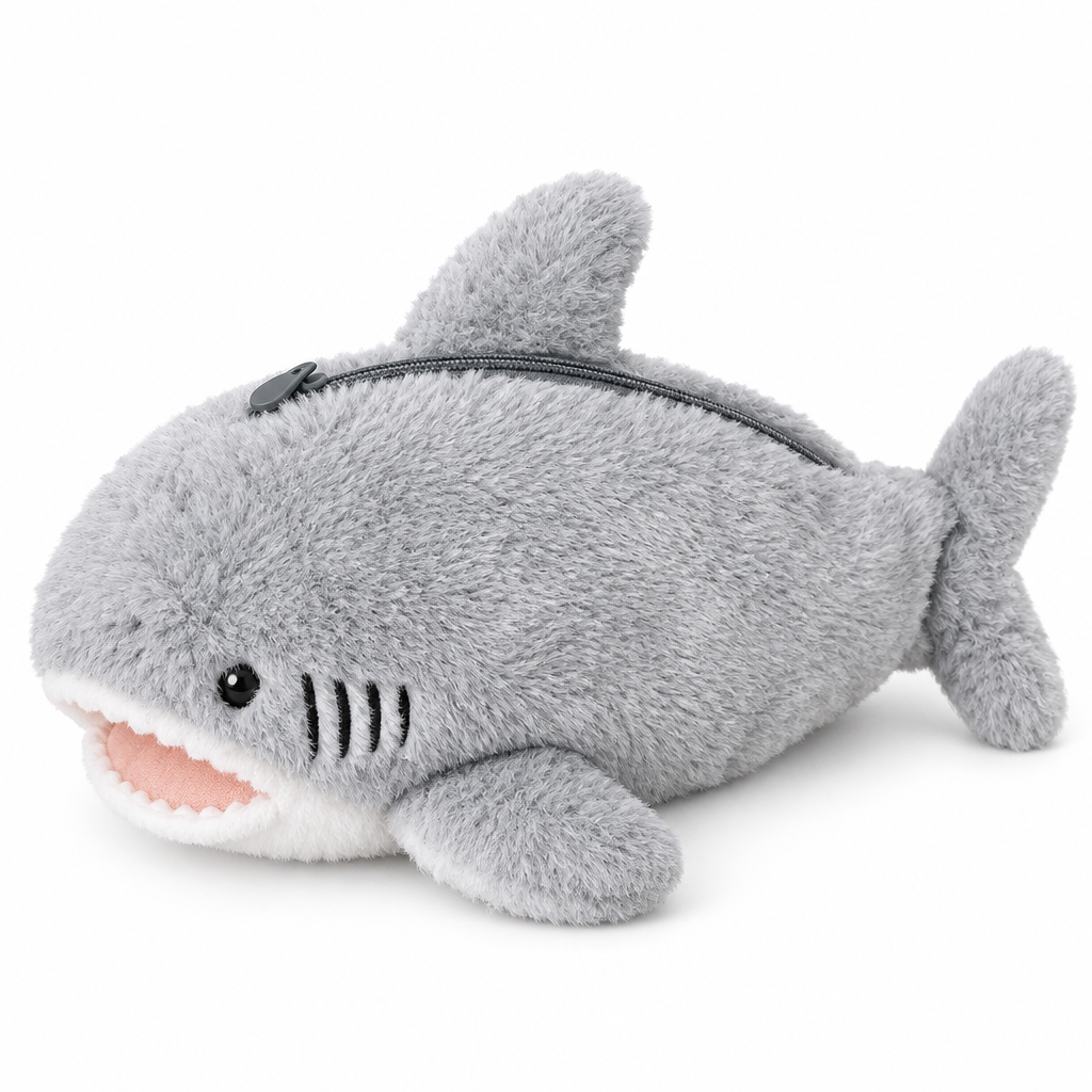 Light gray plush shark pencil case on a white background