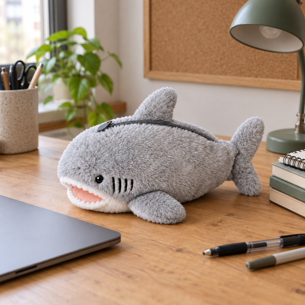 Light gray plush shark pencil case on a wooden desk with notebooks