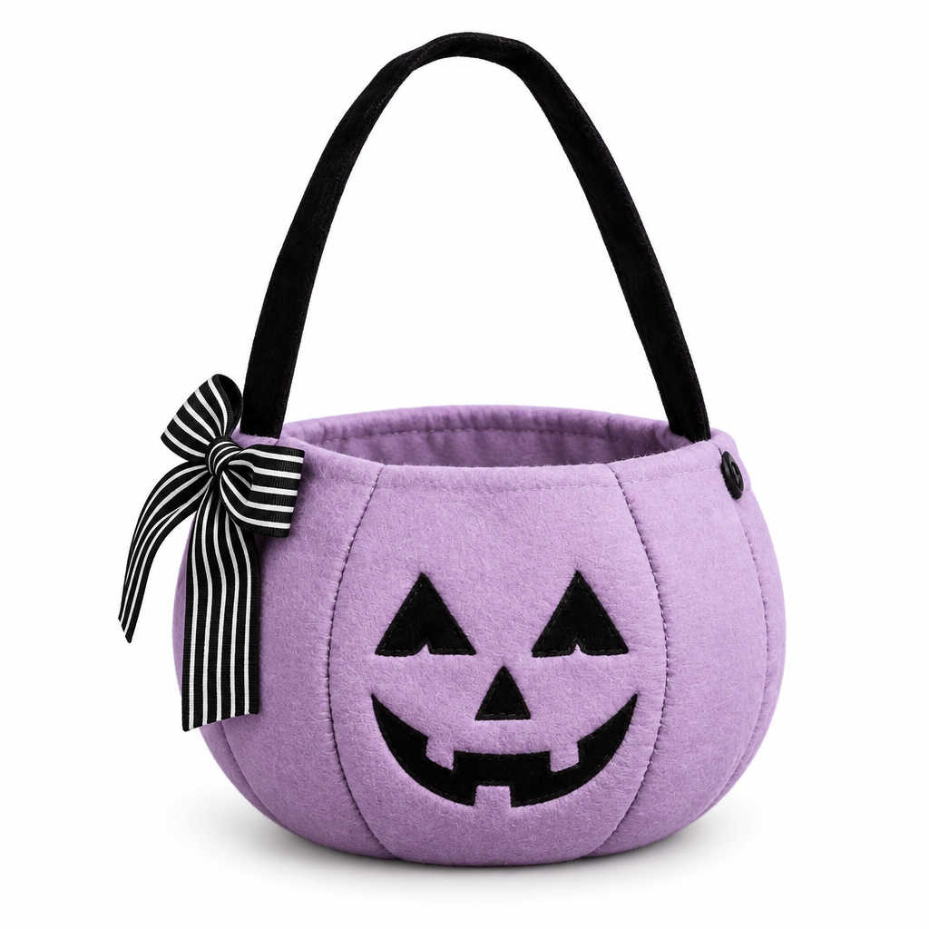 Lilac plush pumpkin bucket bag with a jack-o'-lantern face and striped bow on a white background