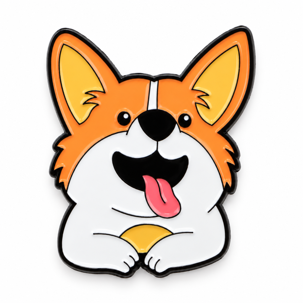 Smiling corgi enamel pin on a white background