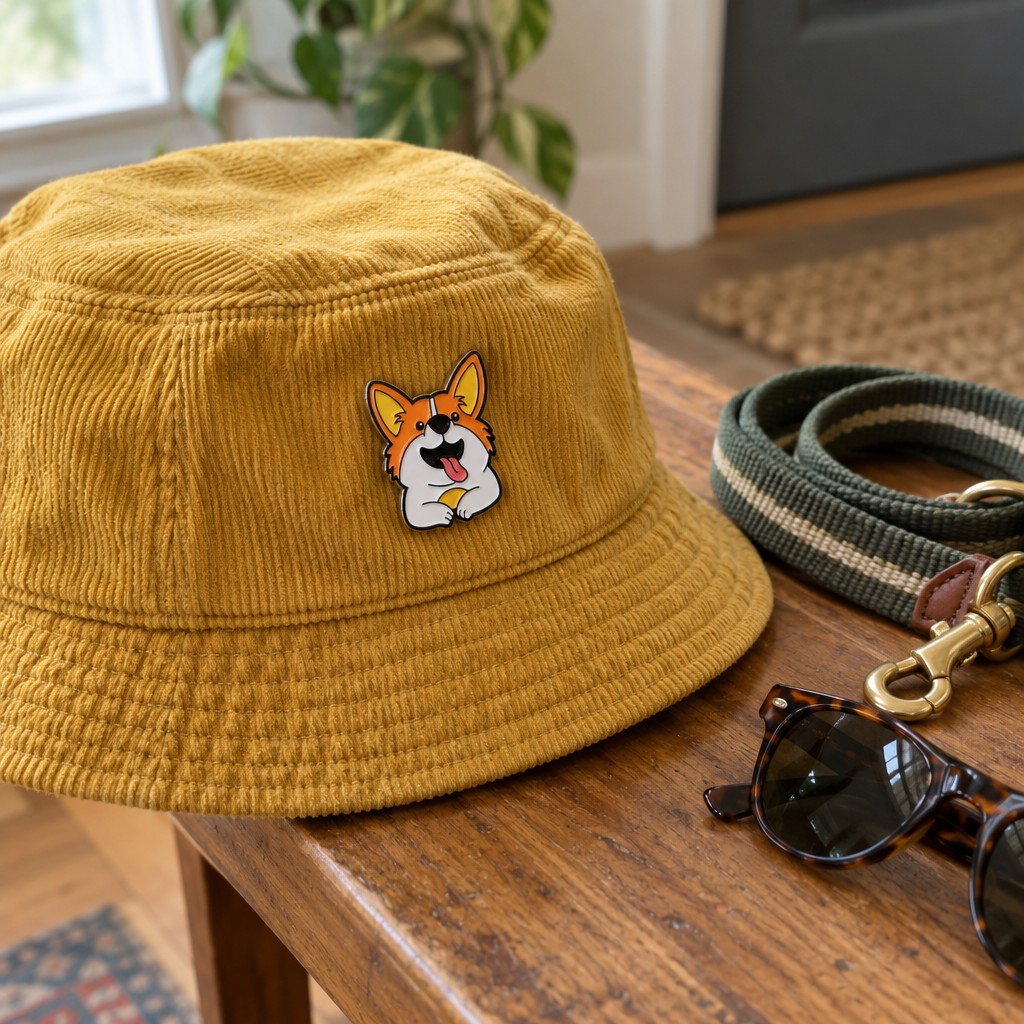 Corgi enamel pin on a corduroy bucket hat next to a dog leash