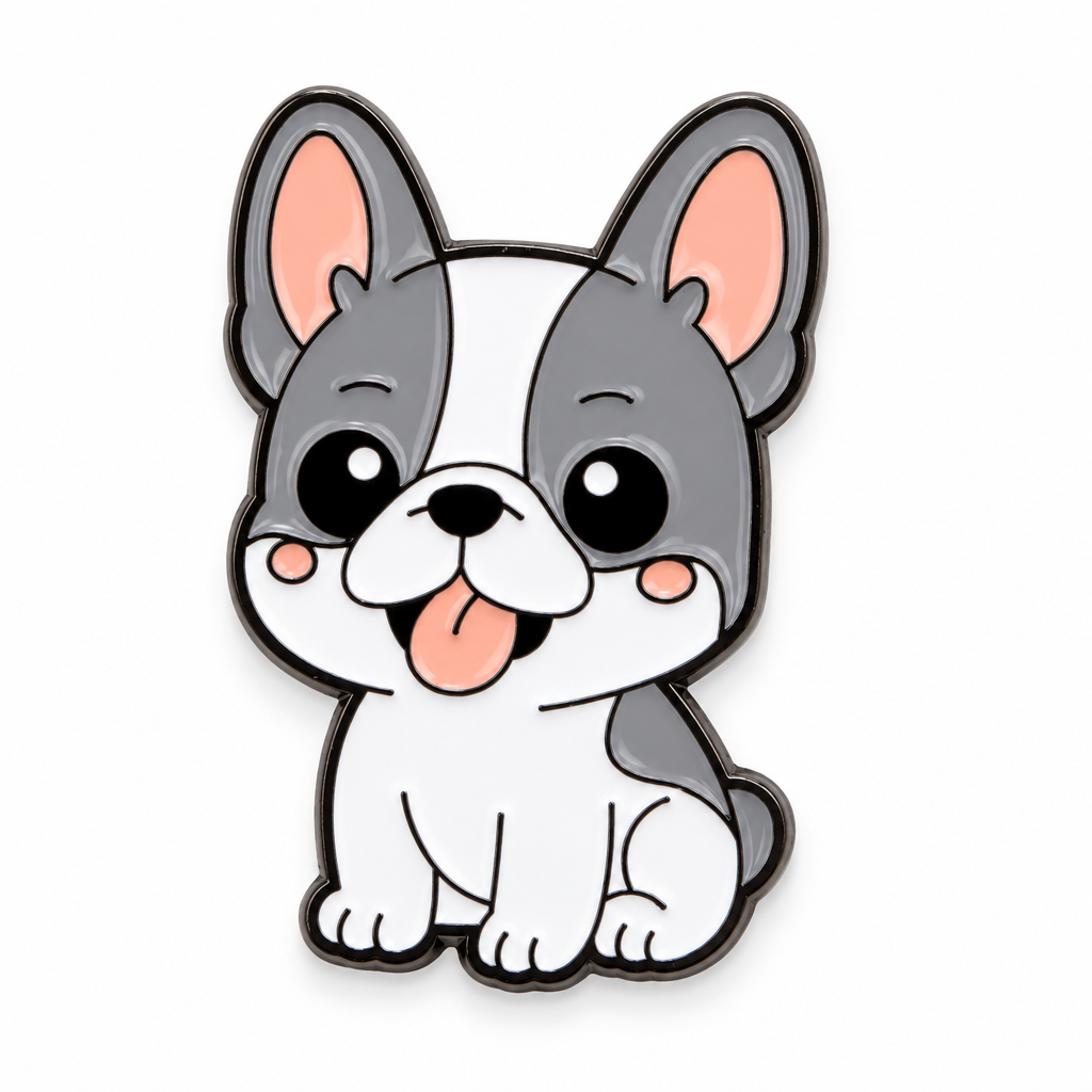 Gray and white French bulldog enamel pin on a white background