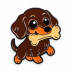 Dachshund puppy enamel pin holding a bone, on a white background